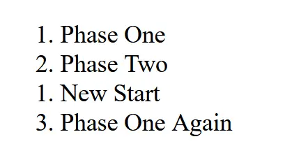 an ordered list with four items starting from numer 1 and the third item number reseted to 1 again