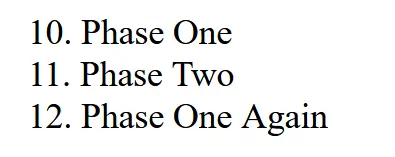 an ordered list with 3 items starting from numer 10