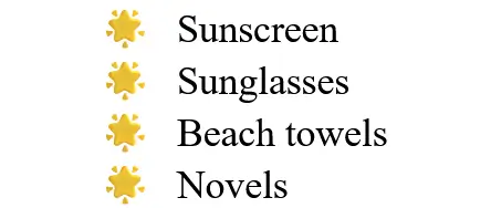 an un-ordered list with sparkle emoji as bullets