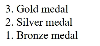 an ordered list with three items starting from numer 1 but in reversed order