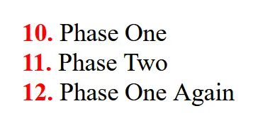 an ordered list with 3 items starting from numer 10 with bullet numbers colored red